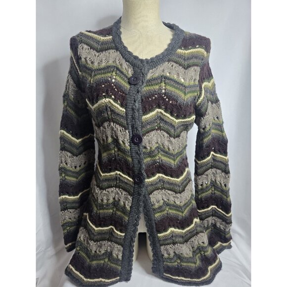 Putumayo 100% Wool Open Knit Cardigan Striped Multicolor Women's Size Small Boho - Picture 1 of 9